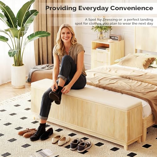 VINGLI Fluted Queen Bed Frame with Headboard and Storage Bench, Boho Wooden Single Platform Panel Bed with Wingback Headboard and 4 Drawers,Mid-Century Modern Sleign Bed,Beige VINGLI