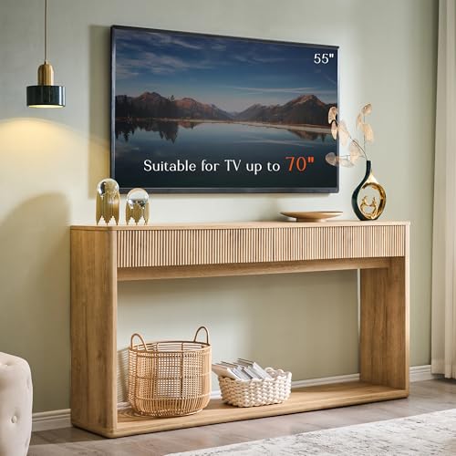 OKD 63" Fluted Console Table for Entryway, Modern Entryway Table with 2 Large Drawers, Long Sofa Table Behind Couch for Living Room, Hallway, Couch, Foyer，Natural Oak OKD