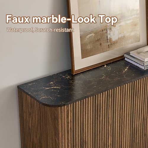 SZTHHDF 64" Sideboard Buffet Cabinet with Storage, Modern Fluted Credenza with Adjustable Shelves, Wood Faux Marble-Top Coffee Bar Console Table for Living Room Kitchen Dining Room, 31.5" H, Walnut SZTHHDF