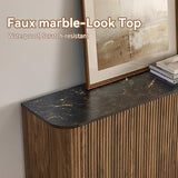 SZTHHDF 64" Sideboard Buffet Cabinet with Storage, Modern Fluted Credenza with Adjustable Shelves, Wood Faux Marble-Top Coffee Bar Console Table for Living Room Kitchen Dining Room, 31.5" H, Walnut SZTHHDF