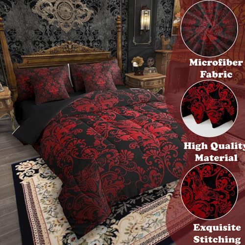 Erosebridal Gothic Damask Bed in a Bag King Size Comforter Set 7 Pieces,Exotic Moth Bedding Sets Red Black Victorian Floral Goth Sheet Set with Comforter Erosebridal