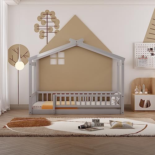 NicBex Gray Wood Family-Friendly Canopy Loft Bed Frame for Queens NicBex