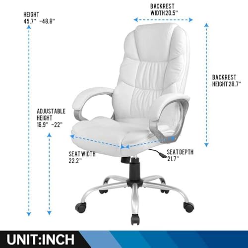 Office Chair Computer High Back Adjustable Ergonomic Desk Chair Executive PU Leather Swivel Task Chair with Armrests Lumbar Support (White) FDW