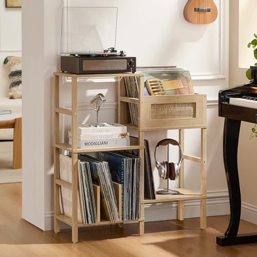 LELELINKY Record Player Stand, Natural Oak Wood Record Holder with Vinyl Storage Holds up to 300+ Albums, 3-Tier Rattan Media Table with Vinyl Display Shelf, Record Storage Cabinet for Living Room LELELINKY