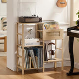 LELELINKY Record Player Stand, Natural Oak Wood Record Holder with Vinyl Storage Holds up to 300+ Albums, 3-Tier Rattan Media Table with Vinyl Display Shelf, Record Storage Cabinet for Living Room LELELINKY