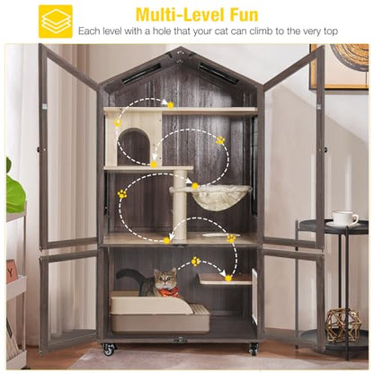 Aivituvin Cabinet Litter Box Enclosure with Cat Tree, Indoor Tall Cat Litter Box Furniture Hidden with Scratching Post, Indoor Cat Furniture with Cat House- Wheels Include