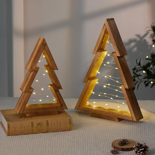 Mokof 2 Pack Wooden Tabletop Christmas Trees with Lights, Modern Christmas Decorations Indoor, Farmhouse Christmas Decor Small Tree for Table Top, Mantle, Shelf (Large-14.2 in, Small-10.2 in)