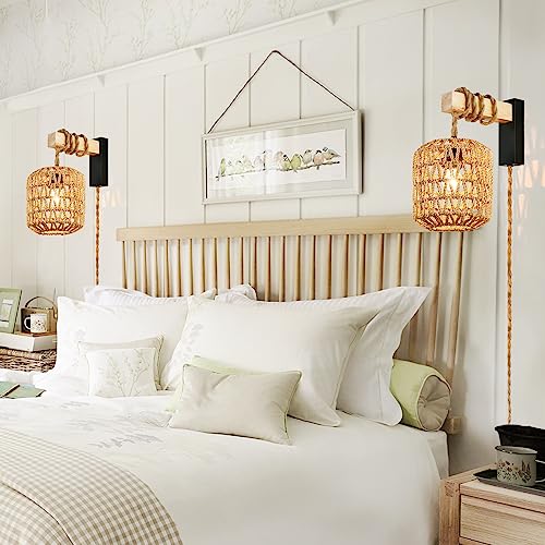 Capslad Plug in Wall Sconces Set of Two Dimmable Boho Rattan Wall Lamp with Wood Arm Rustic Wall Mount Lamp with Hemp Rope Cord Farmhouse Wall Light Fixture for Bedroom Living Room Hallway Entryway Capslpad