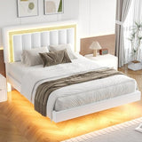 HOMBCK Floating Bed Frame Queen with Smart LED Lights, Faux Leather Upholstered Bed with Diamond PU Headboard, No Box Spring Needed, Noise-Free, Easy Assembly, White HOMBCK
