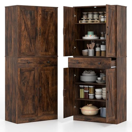 Giantex 72" Tall Kitchen Pantry Cabinet, Modern Farmhouse Pantry Storage Cabinet with 4 Barn Doors, Adjustable Shelves & Drawer, Buffet Cupboard with Living Room, Dining Room, Bathroom, Rustic Brown Giantex
