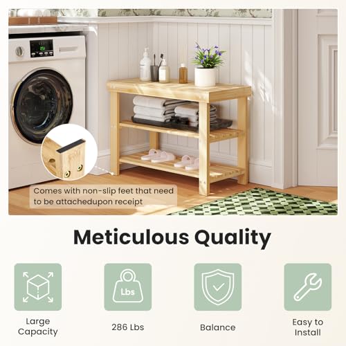 DUMOS Shoe Rack Bench, 3-Tier Bamboo Entryway Benches, Holds Up to 286 lb Storage Organizer, 11.22 x 27.6 x 18 Inches, Suitable for Bedroom Living Room Balcony, Classical Wood DUMOS