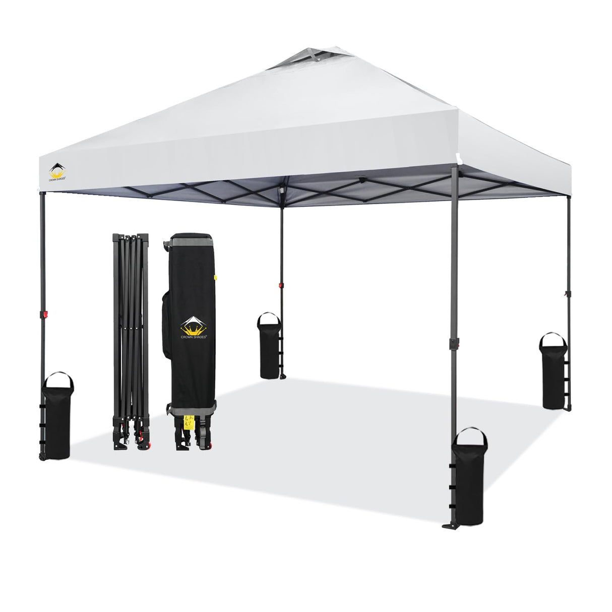 CROWN SHADES 10x10 Pop Up Canopy - Beach Tent with One Push Setup - Outdoor Canopy Tent with STO-N-Go Cover Bag for Events, Parties, Silver Coated Top, 3 Height & 4 Sand Bags, White CROWN SHADES