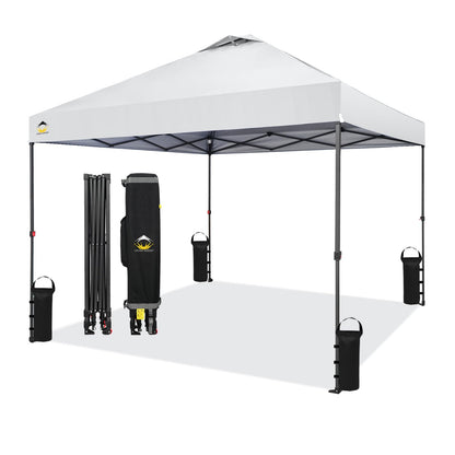 CROWN SHADES 10x10 Pop Up Canopy - Beach Tent with One Push Setup - Outdoor Canopy Tent with STO-N-Go Cover Bag for Events, Parties, Silver Coated Top, 3 Height & 4 Sand Bags, White