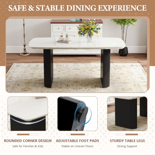 Ebullient White Marble Dining Table Set for 6, 67'' Modern Oval Dining Table and Chairs Set, 7 Piece Kitchen Table Set with 3.5'' Thick Marble-Patterned Top and Matte Black Column Legs Ebullient