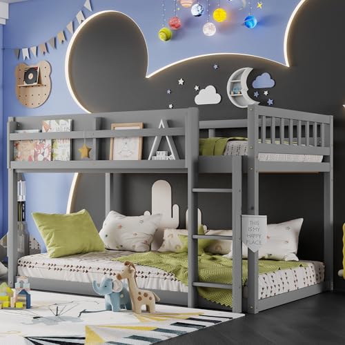 Duxelifin Twin Low Bunk Beds for Kids, Wooden Bunk Bed Frame Twin Over Twin, Convertible Floor Bunk Bed with Storage Shelf & Ladder, No Box Spring Needed (Grey) Duxelifin