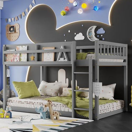 Duxelifin Twin Low Bunk Beds for Kids, Wooden Bunk Bed Frame Twin Over Twin, Convertible Floor Bunk Bed with Storage Shelf & Ladder, No Box Spring Needed (Grey) Duxelifin