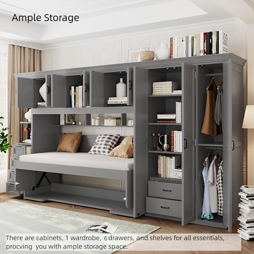Merax Twin Size Murphy Bed with Desk, Multifunctional Wood Foldable Wall Bed with Wardrobe, Drawers and Cabinet, Space-Saving Hidden Bed for Guest Room Office, No Box Spring Needed, Grey Merax