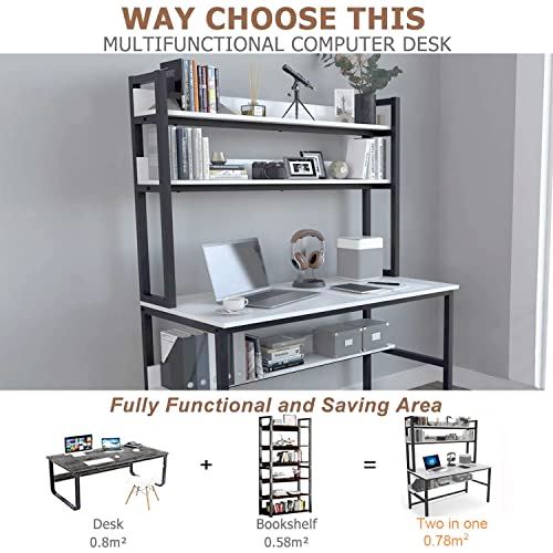 Aquzee 47 Inch White Computer Desk with Hutch and 3-Tier Bookshelf for Home Office - WoodArtSupply