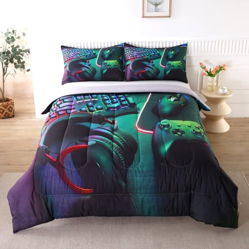 GRAT TIOC Gamer Comforter Sets for Teen Boys,Gaming Bedding Sets Twin,Video Game Bedspread,Game Gamepad Bedrooom Bed Set,Controller Gamer Home Decor 3 Piece GRAT TIOC