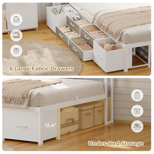 MSmask 14 Inch Corner Bed Frame with Bookcase Storage, Twin Daybed with 6 Drawers, Charging Station and LED Light, Twin Size Metal Platform Bed Frame for Kids Teenagers, White & Oak Grey MSmask