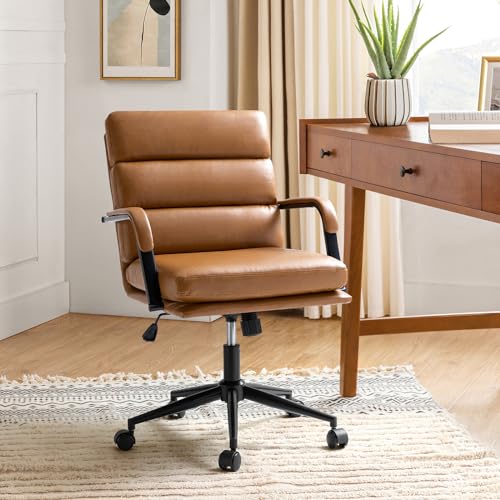 HULALA HOME Modern Faux Leather Home Office Chair with Tilt Lock & Metal Base, Desk Chair with Wheels & Padded Cushion, 360° Swivel Wide Seat Computer Task Chair, Camel HULALA HOME