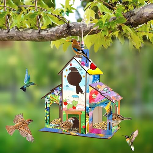 Crafts Bird Feeder, DIY Bird House Wood Craft Kit for Kids Ages 3-5 4-8 8-12,Build and Paint Wooden Bird House Feeder, DIY Wild Birdhouse Art Activities Crafts for Children Boys Girls Col-Pary
