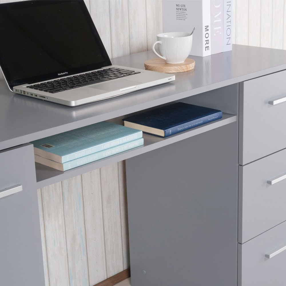 Madesa Computer Desk with 3 Drawers, 1 Door and 1 Storage Shelf, Wood Writing Home Office Workstation, Office Desk with Drawers - 30” H x 18” D x 53” W - Grey Madesa