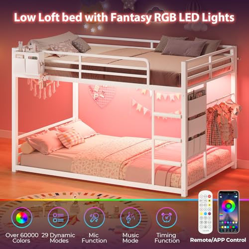 UPOSOJA Bunk Bed Twin Over Twin Bed Frame with LED Lights, Metal Bunk Bed with 13" Guardrail & 3-Step Ladder, Space Saving for Kids and Teen, White UPOSOJA