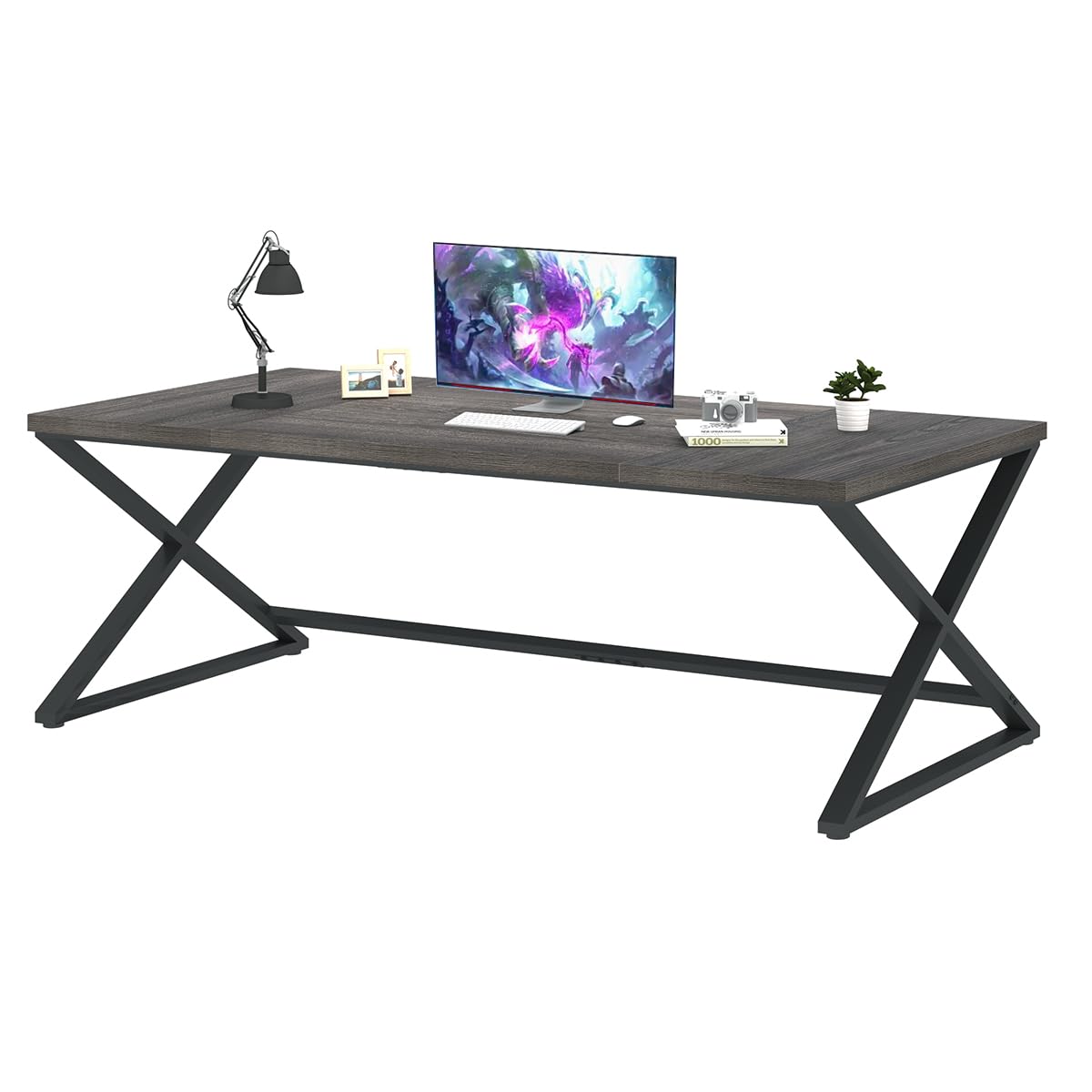 IBF 70 Inch Large Desk, Long Computer Desk for Writing Study, Industrial Home Office Work Executive Desk for Bedroom, Wood Metal Pc Gaming Workstation Computer Table for 2 Monitors, Dark Gray Oak IBF