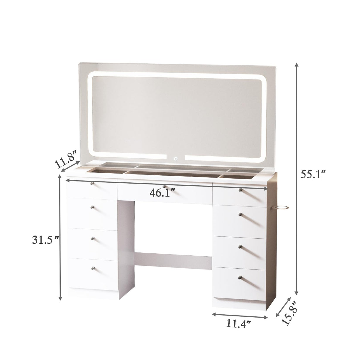 JassmiPkwy 46 INCH Makeup Vanity Desk with Mirror - Glass Tabletop Vanity Table with Lights, Drawers, Power Outlet, Large Storage Desk for Bedroom, White JassmiPkwy