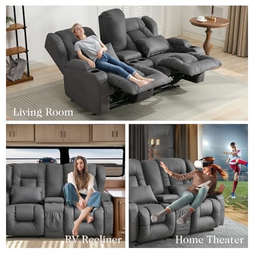 Loveseat Recliner Sofa,RV Wall Hugger Recliners for Small Spaces,Reclining Loveseat Sofa Recliner with Cup Holders/Lumbar Pillows,RV Furniture (Gray, Loveseat with Console)