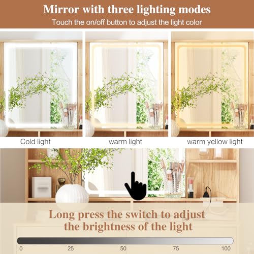 Ieejdn Makeup Vanity Desk with Mirror and Lights, Vanity Desk with 8 Drawers & Storage Shelves, Vanity Table with Power Outlet, 3 Color Modes & Adjustable Brightness Dressing Table, Bedroom,Oak2 Ieejdn