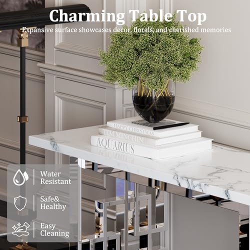AUZ 55" White and Silver Console Table, Luxury Living Room Sofa Table, Modern Rectangle Console Table for Entryway, Living Room, Office, Foyer, Front Hall, Hallway AUZ