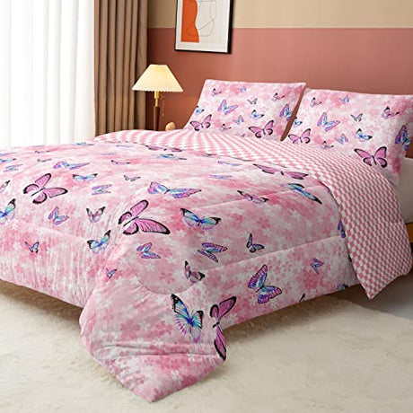 Datura home Kids Comforter Set Girls Pink Flower Butterfly Printed Pattern Quilt Bedding Set with 1 Comforter and 2 Pillowcases for Girls Bedroom All Season(Pink Flower Butterfly Twin 68x86inch) SXMFFHCG