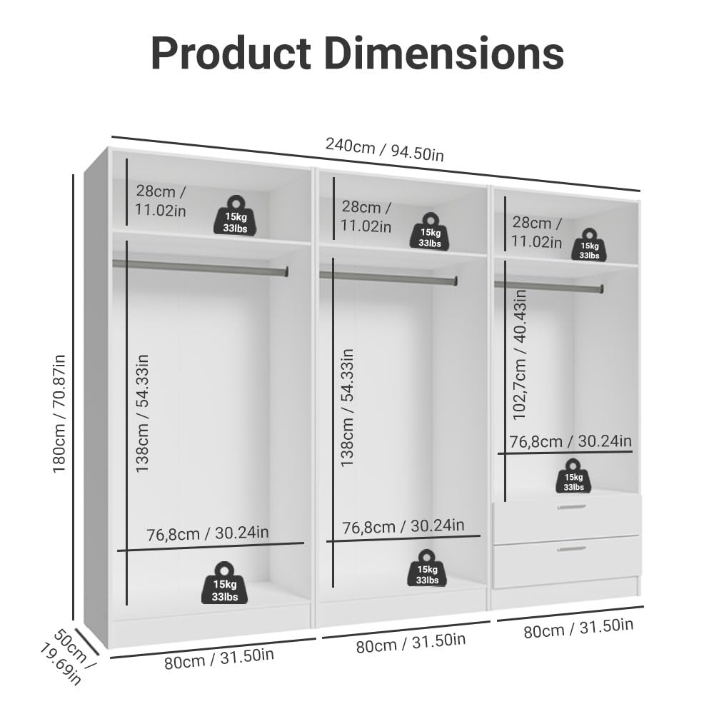 Madesa 6 Doors 2 Drawers Wardrobe Set Armoire Closet Bedroom Storage Cabinet with Shelves and Hanging Space 94" L Wooden Clothing Organizer Unit (White) Madesa