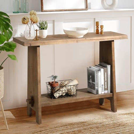 HOKYHOKY Solid Wood Console Table, 43.3" Farmhouse Entryway Table with Storage Shelf, Rustic Narrow Skinny Behind Couch Sofa Table for Living Room, Hallway, Entryway, Foyer, Brown HOKYHOKY