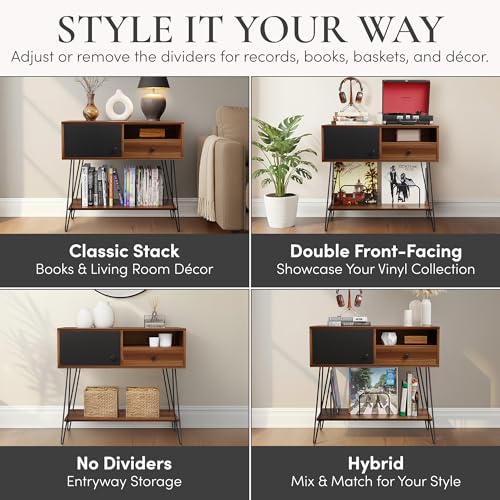 Large Mid Century Modern Record Player Stand with Vinyl Storage Holds Up to 200 Albums - Walnut Console Table for Turntables, Living Room, and Entryway | Record Player Table MAISON LEON
