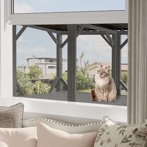 Cat Window Perch, Cat Catio for Large Indoor Cats, Outdoor Pet House Weatherproof, Catio Outdoor Enclosure, Space-Saving Pet Furniture for Window Naps and Sunbathing (Black+ Gray, 43.3) VKTO
