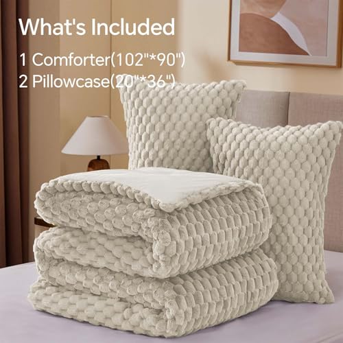 BEDELITE Fluffy King Size Comforter Set - Linen Fleece Soft Comforter for King Size Bed, Luxury Warm Bedding Set for Winter, Fuzzy Bed Set 3 Pieces (1 Comforter, 2 Pillowcases) BEDELITE
