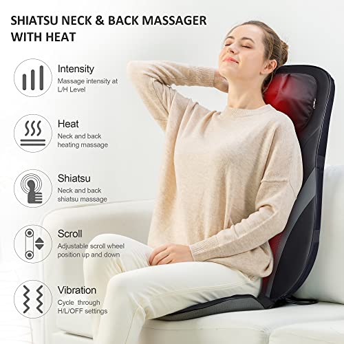 Snailax Shiatsu Back Massager with Heat -Deep Kneading Massage Chair Pad with Adjustable Intensity, Shiatsu Chair Massager to Relax Full Body Muscle，Gift for Mother Snailax