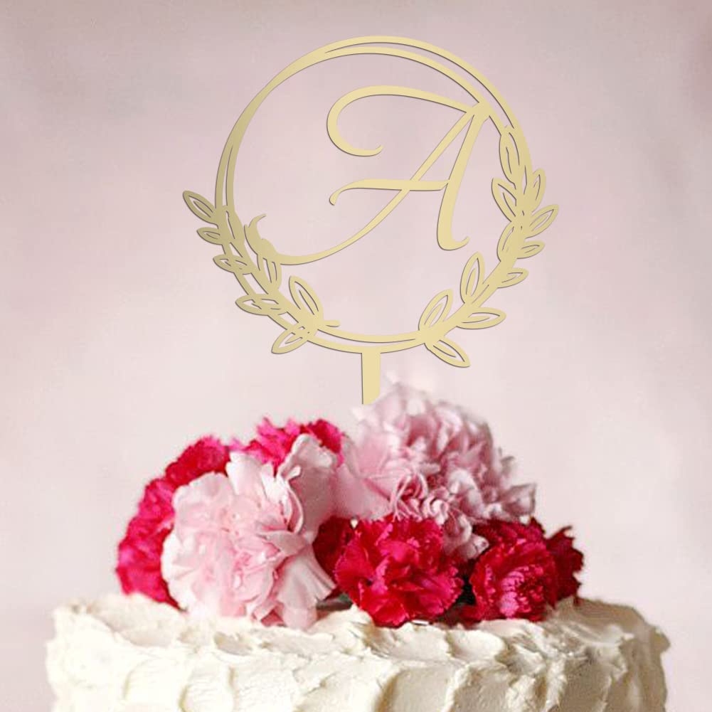 Vinisong Personalized Initial Letter A Golden Cake Topper Wooden Cake Decoration Wreath Cake Topper Perfect for Birthday Rustic Wedding Anniversary Keepsake Party Decoration Vinisong
