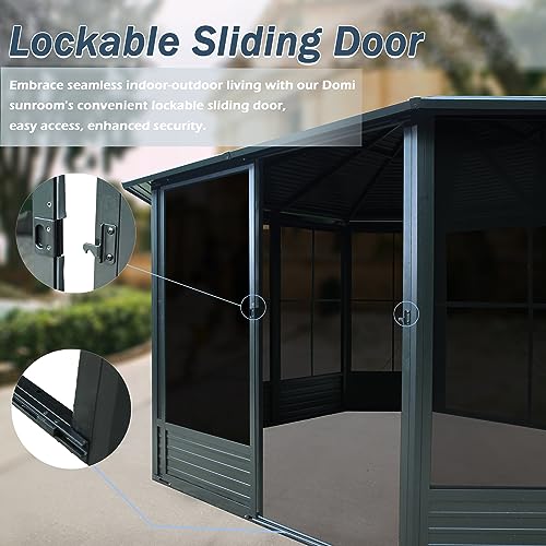 Domi 13x13FT Sunroom, Octagonal Solarium Aluminum Hardtop Gazebo with Galvanized Steel Roof, Detachable PE Screen, Sliding Door, Sun Room Pavilion Gazebo for Deck Backyard Garden domi outdoor living