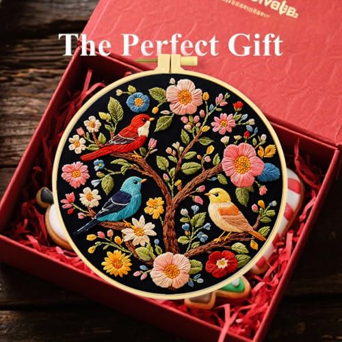 Zhenqing Three Birds on Floral Tree Embroidery Kit for Beginners, Pre-Printed 29x29cm Cotton Fabric with 20cm Hoop, Colorful Birds Design on Dark Background (C0240)