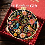 Zhenqing Three Birds on Floral Tree Embroidery Kit for Beginners, Pre-Printed 29x29cm Cotton Fabric with 20cm Hoop, Colorful Birds Design on Dark Background (C0240)