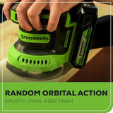 Greenworks 24V Cordless Orbital Sander, 5" Random Sanders Variable Speed, 11000 OPM, 3 Sandpaper Sheets, with 2Ah Battery and Charger Greenworks