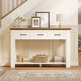 ANGRYWIN 47" Farmhouse Console Table with 3 Drawers, Rustic Entryway Table with Open Shelf, Sofa Tables Behind Couch for Entrance, Living Room, Hallway, White ANGRYWIN