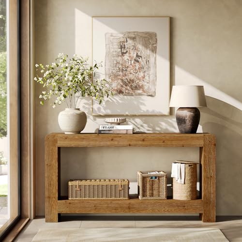 TRIBEWOOD Solid Wood Console Table with Storage, 63-Inch Farmhouse Entryway Table, 2-Tier Narrow Sofa Console Behind Couch, for Living Room, Hallway, Foyer, Rustic Brown TRIBEWOOD