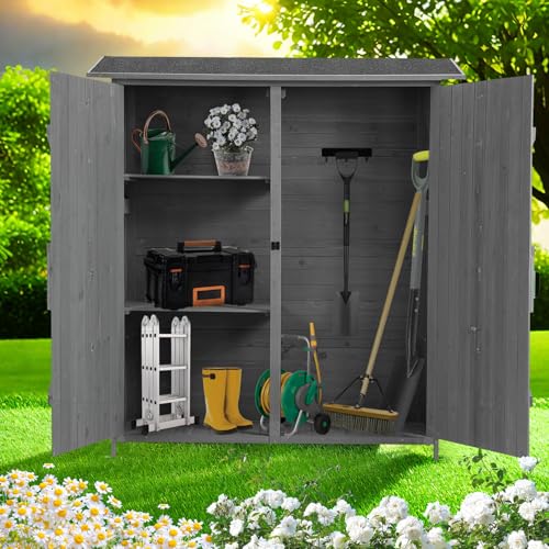 SumKea 56" Outdoor Wood Storage Cabinet, Fir Storage Shed, Outdoor Storage Shed with Metal Latch, Removable Shelves and Asphalt Roof, Suitable for Backyard, Lawn, Garden, Grey - WoodArtSupply