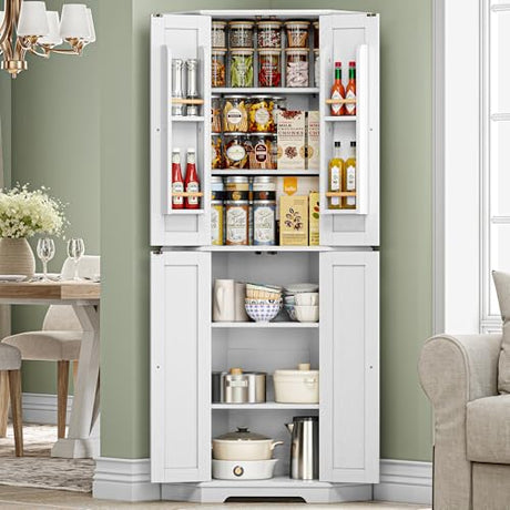 IRONCK Corner Cabinet, 72" H Kitchen Pantry Storage Cabinet, 4 Barn Doors with Storage Rack, 4 Adjustable Shelves, 6-Tier Tall Food Pantry Cabinet, Farmhouse Hutch for Kitchen Dining Room, White IRONCK