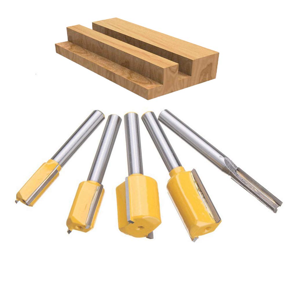 Bestgle Set of 5 Piece Straight Dado Router Bit Set ,Double Flute Straight Bit Carbide Wood Milling Cutter Woodworking Tools, Cutting Diameter 1/4",3/8",1/2",5/8",3/4"(Yellow, 1/4-Inch Shank ) Bestgle